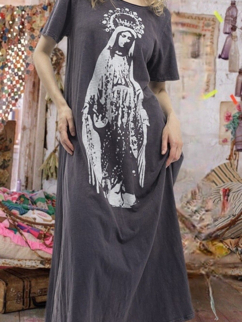 Magnolia Style Free Relaxed Mauve Graphic Long boho Cotton Dress with Pockets L - Picture 9 of 16
